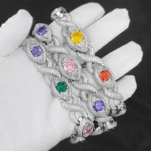 Detail of 15mm Cuban link bracelets with vibrant colorful zircons in hip hop style