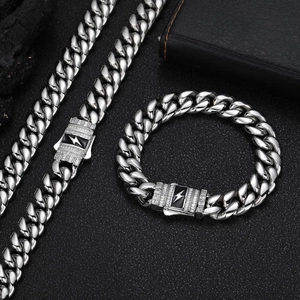 Detailed macro view of hip hop Cuban link chain with lightning bolt zircon buckle