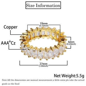 Detailed size specifications for a 6mm gold plated hip hop eternity ring with AAA+ CZ