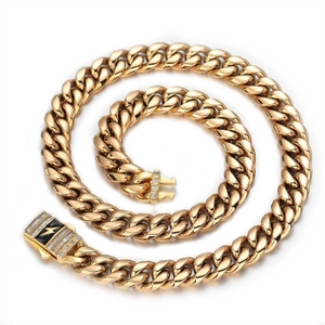 Iced out gold Cuban link necklace with lightning bolt zircon clasp for hip hop style
