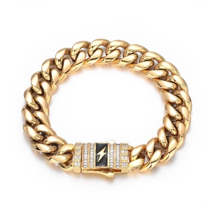 Golden Cuban link bracelet with lightning bolt clasp and sparkling zircon stones