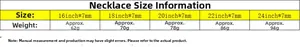 Size chart for 7mm zircon iced out chain showing necklace lengths from 16 to 24 inches