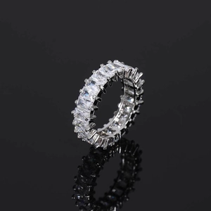 6mm hip hop eternity ring featuring emerald cut cubic zirconia in polished silver finish