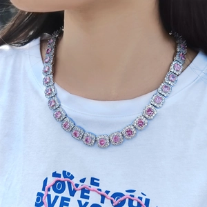 Iced out 12mm tennis chain necklace with square links and round pink stones
