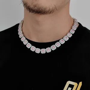 Close-up of hip-hop style necklace with square pink zircons and micro-pave crystals