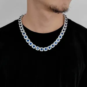 Tennis necklace with round blue cubic zirconia and white diamond halo in silver finish