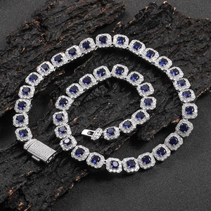 Luxurious 12mm hip-hop tennis necklace with blue zircon stones and silver-plated finish