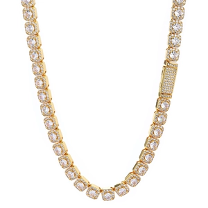 Close-up of golden iced-out square link necklace with micro-pave hip hop clasp design
