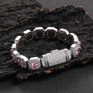 Luxurious 12mm hip hop bracelet with pink zircon stones and iced out silver octagon links