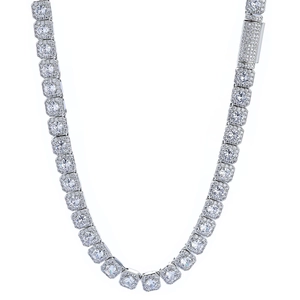 Macro shot of 7mm silver tennis necklace with halo set stones and crystal box clasp