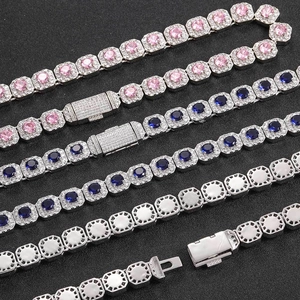 Detailed macro view of 12mm tennis chains with pink and blue square cubic zirconia stones