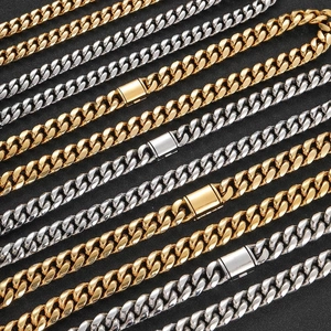 Polished stainless steel Cuban link chains in gold and silver with secure box clasp