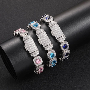 Iced out hip hop link bracelets with pink and blue square cubic zirconia gemstones