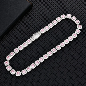 Detail of hip hop tennis chain featuring pink square-cut zircon stones and silver finish