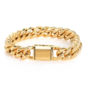 Bracelet gourmette en acier inoxydable doré poli avec un fermoir rectangulaire robuste