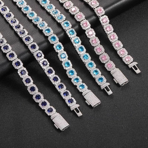 Iced out 12mm tennis bracelet set with colorful square zircon and halo stones for unisex
