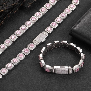 Macro shot of 12mm pink halo zircon ice link chain necklace and bracelet jewelry set