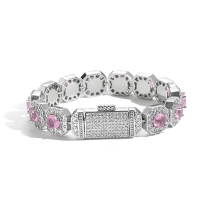 Detail of pink zircon stones on silver cuban link chain with hip hop style clasp