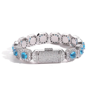 Detailed close-up of 12mm hip hop bracelet with blue zircons and iced out box clasp
