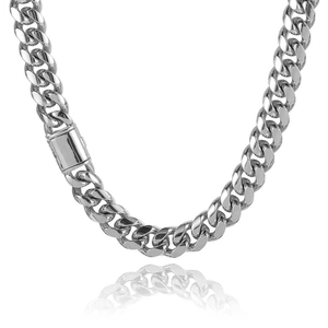 Detail shot of silver Cuban curb chain with a polished rectangle box clasp and glossy finish
