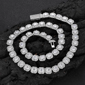Silver iced out hip hop necklace with 10mm round cubic zirconia and halo setting gems