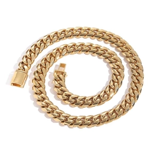 Polished gold-plated stainless steel Cuban link necklace with rectangular clasp on white