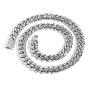 Detailed view of silver stainless steel Cuban link chain with a polished box clasp