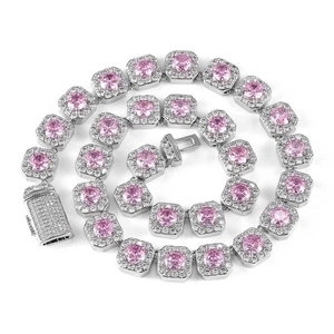 Hip hop silver tennis chain necklace with pink and white cubic zirconia stones