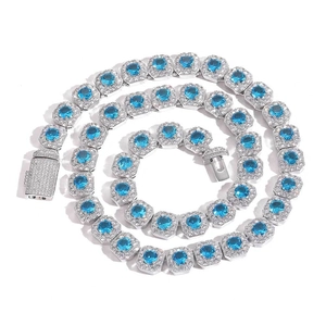 Detailed close-up of hip hop ice chain necklace featuring blue zircon and square box clasp