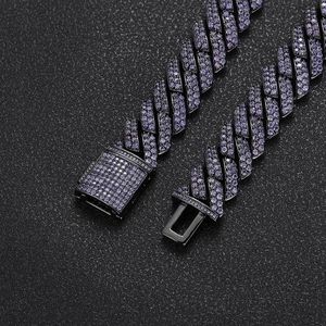 Close-up of hip hop Cuban link bracelet with purple zircons and diamond box clasp