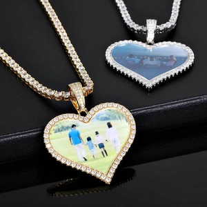 Collier pendentif photo coeur hip hop en or et argent avec chaîne tennis en zircon