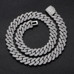 Men's 15mm double-row zircon rhombic Cuban link necklace with iced out buckle design