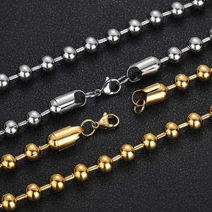 Detail of 8mm stainless steel ball chains in gold and silver finish with lobster clasp