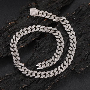 Chaîne cubaine 12mm argentée avec double rangée de zircons pour hommes style hip hop