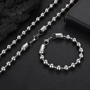 Polished silver stainless steel 8mm bead chain set including necklace and bracelet