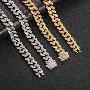 Homme Hip Hop 12mm Double Rangée Zirconia Maille Cubaine Collier Bracelet Parure de Bijoux Cuivre Plaqué Or Iced Out