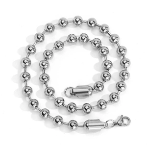 Close-up of 8mm stainless steel ball chain featuring a secure lobster clasp and polished finish