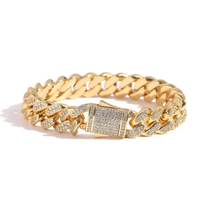 Bracelet gourmette 12mm avec double rangée de zircons et fermoir à ressort pour homme