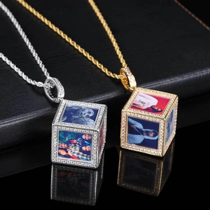 Collier médaillon photo cube hip hop avec micro-pavage de zircone et chaîne de corde