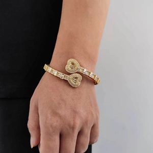Hip-hop heart-shaped bypass bracelet with gold plating and paved zircon stones