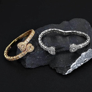 Iced out heart zircon cuff bracelet in gold and silver punk hip hop style jewelry