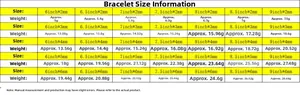 Size chart for moissanite tennis bracelet showing lengths from 6 to 9 inches and weights