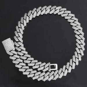18mm silver plated Cuban link chain with three rows of clear cubic zirconia crystals