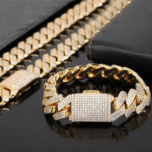 Luxurious 18mm iced out gold Cuban link necklace and bracelet set with cubic zirconia stones