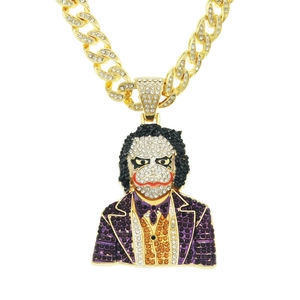 Collar de cadena cubana dorada de hip hop con colgante de Joker con cristales brillantes