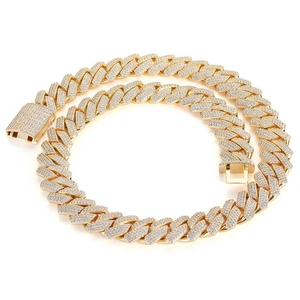 Mens hip hop style 18mm three row zircon rhodium cuban link chain necklace in shiny gold finish