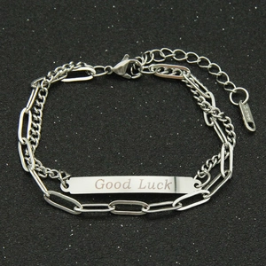 Dubbellaagse zilveren armband in Ins-stijl met Good Luck-tag en paperclip-schakelketting