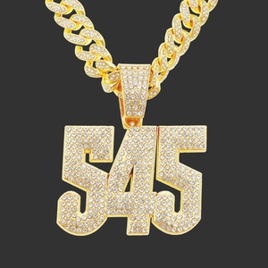Collier Pendentif Chiffre 545 Iced Out Hip Hop pour Homme en Alliage Pavé de Strass Chaîne à Maillons Cubains Punk Streetwear Bijoux
