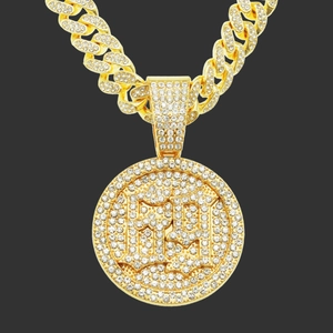 Men's Hip Hop Alloy Paved Rhinestone Round Number Pendant Cuban Link Chain Necklace Iced Out Gold Silver Jewelry