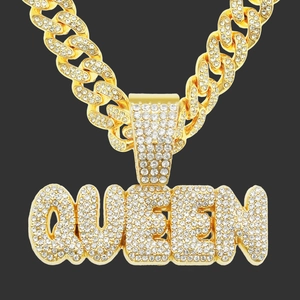 Collana con Pendente Lettera Queen Hip Hop Iced Out per Uomo Donna in Lega con Strass Catena Cubana Gioielli di Moda